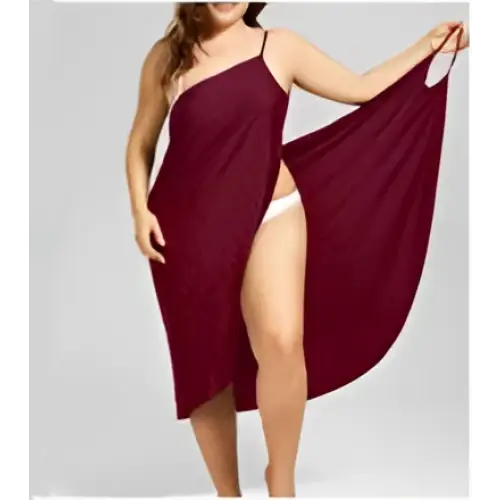 Plus size suspenders beach skirt one shoulder cover up in flowing maroon fabric with high slit and thin straps