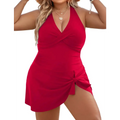 Plus size swim dress in dark red featuring a vibrant halter neck one-piece design with draped front and asymmetrical slit