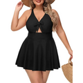 Black plus size tummy control bathing suit with halter neckline, front bow, and flared skirt one-piece design