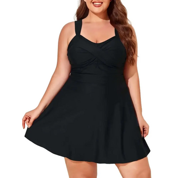 Black plus size one-piece swimsuit with draped front and flared skirt for plus size bathing and size two piece sets
