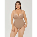 Beige plus size ultra firm control body shaper swimsuit with thin adjustable straps and seamless design