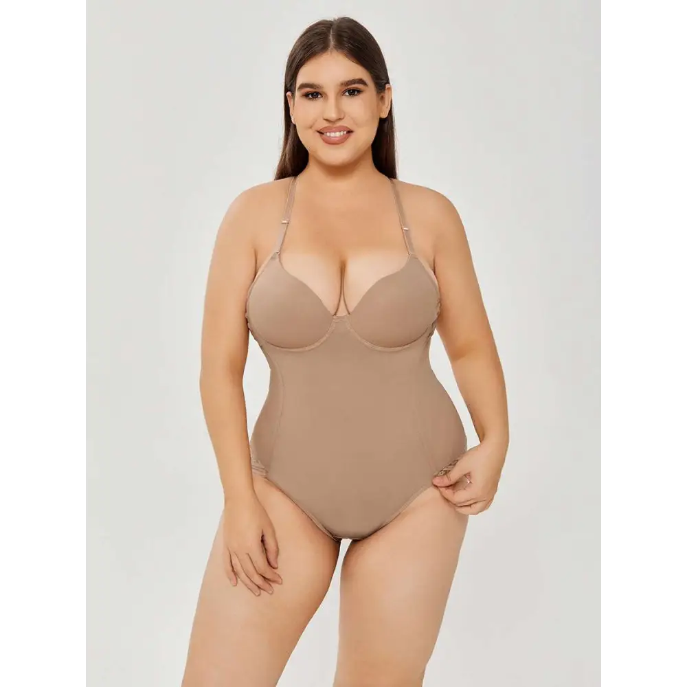 Beige plus size ultra firm control body shaper swimsuit with thin adjustable straps and seamless design