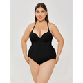 Plus size ultra firm control body shaper swimsuit in black with thin straps and lace trim at the sides