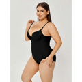 Black plus size ultra firm control body shaper swimsuit bodysuit with thin straps and lace trim at the hem
