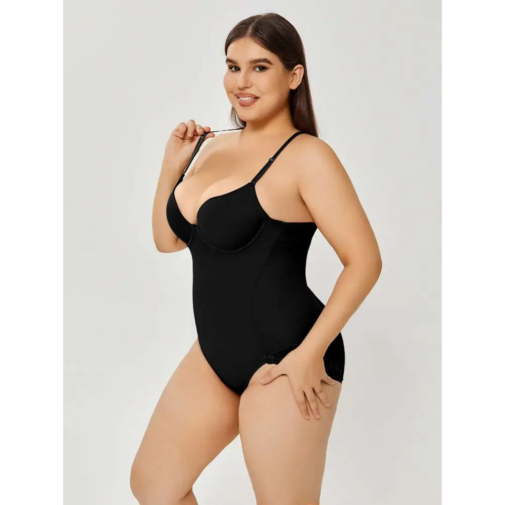 Black plus size ultra firm control body shaper swimsuit bodysuit with thin straps and lace trim at the hem