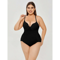 Plus size ultra firm control black body shaper swimsuit with lace trim at the hem for enhanced shaping and support