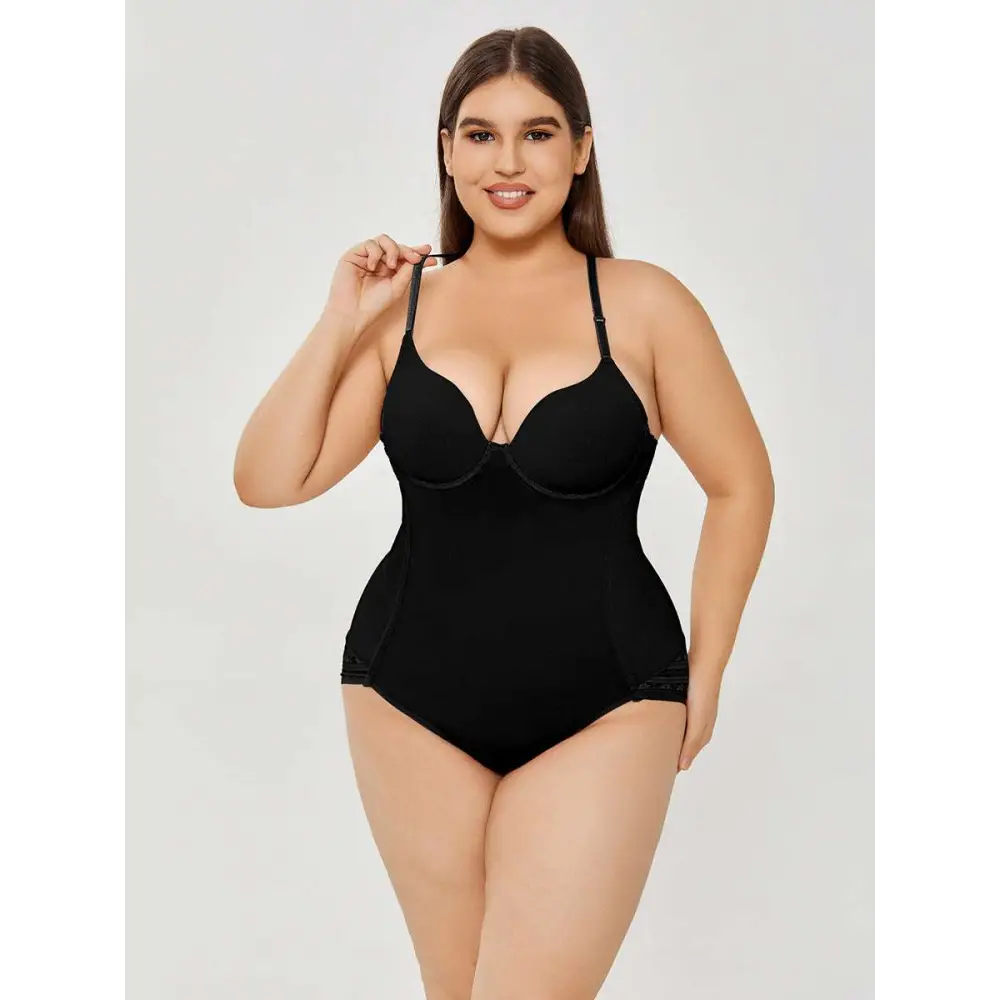 Plus size ultra firm control black body shaper swimsuit with lace trim at the hem for enhanced shaping and support