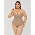Beige plus size ultra firm control body shaper swimsuit with lace trim sides in a one-piece design