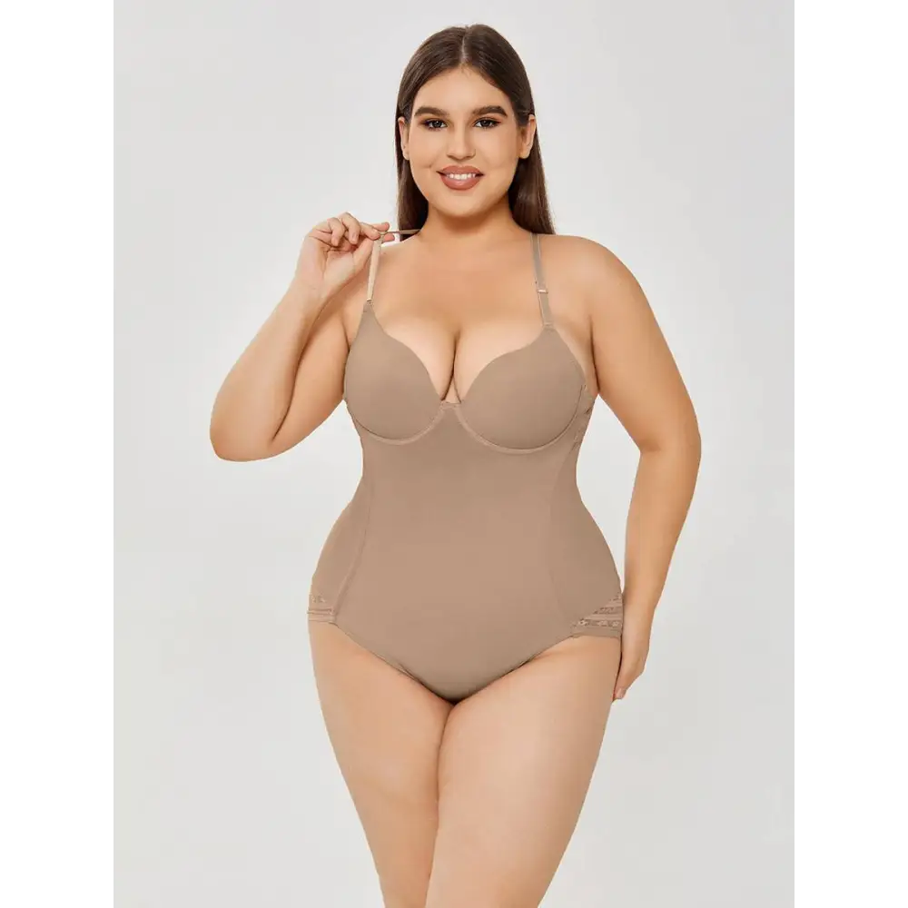 Beige plus size ultra firm control body shaper swimsuit with lace trim sides in a one-piece design