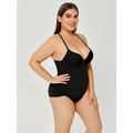 Plus size ultra firm control black body shaper swimsuit with thin straps and textured waist band for shaping