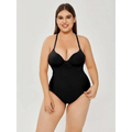 Black plus size ultra firm control body shaper swimsuit with supportive bra cups and thin shoulder straps