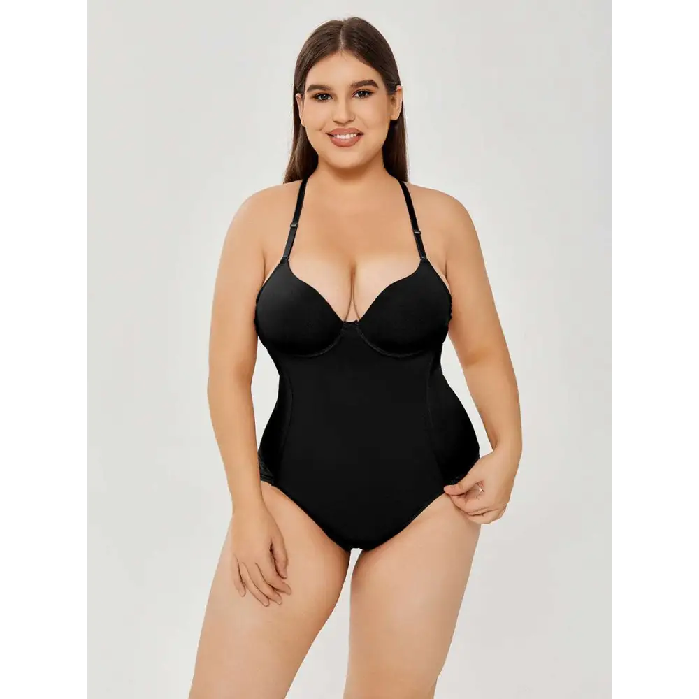 Black plus size ultra firm control body shaper swimsuit with supportive bra cups and thin shoulder straps