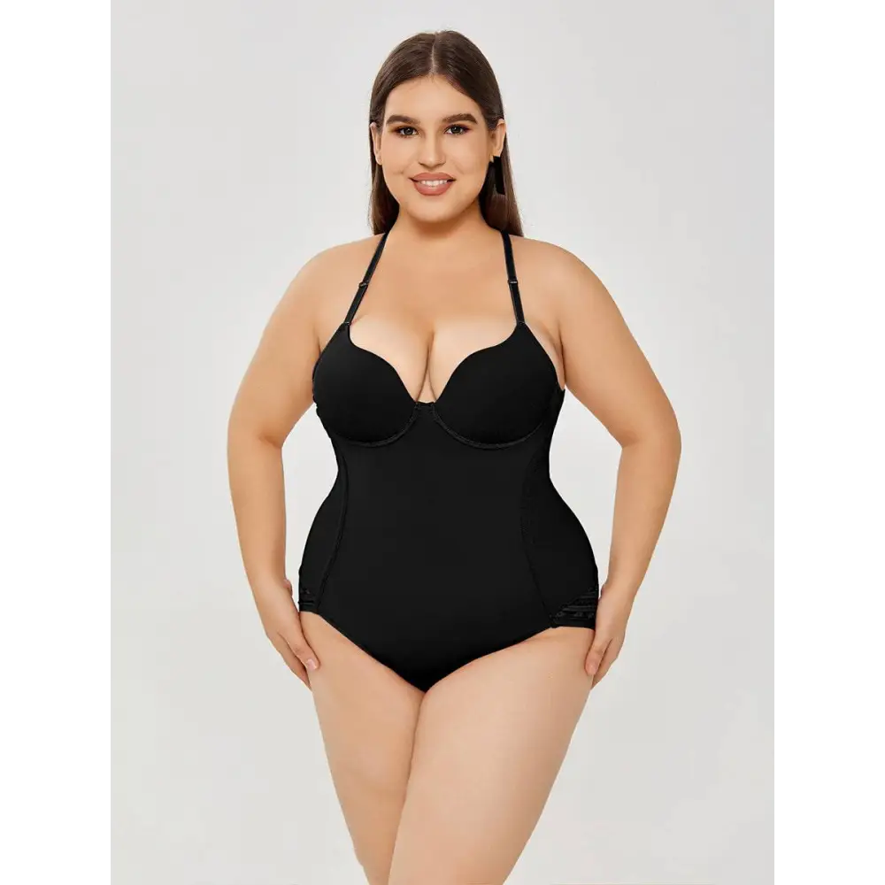 Black plus size ultra firm control body shaper swimsuit with thin straps and lace trim for a flattering fit