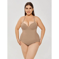 Beige plus size ultra firm control body shaper swimsuit bodysuit with thin straps and lace trim at the sides