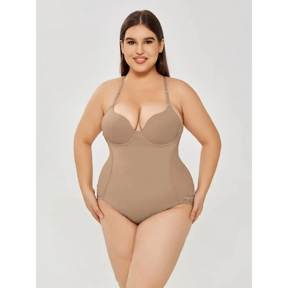 Beige plus size ultra firm control body shaper swimsuit bodysuit with thin straps and lace trim at the sides