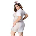 Plus size underwear fat nurse uniform in white with red mesh panels and matching cap featuring a red cross