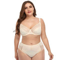 Cream-colored plus size underwire bra and high-waisted panties set with lace trim lingerie for elegant support