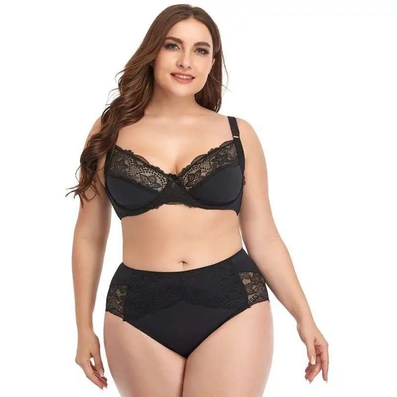 Plus size underwire bra and high-waisted briefs set in black lace trim lingerie with delicate lace detailing