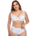 Plus size underwire white bra and matching high-waisted panties with lace trim lingerie set in lace material