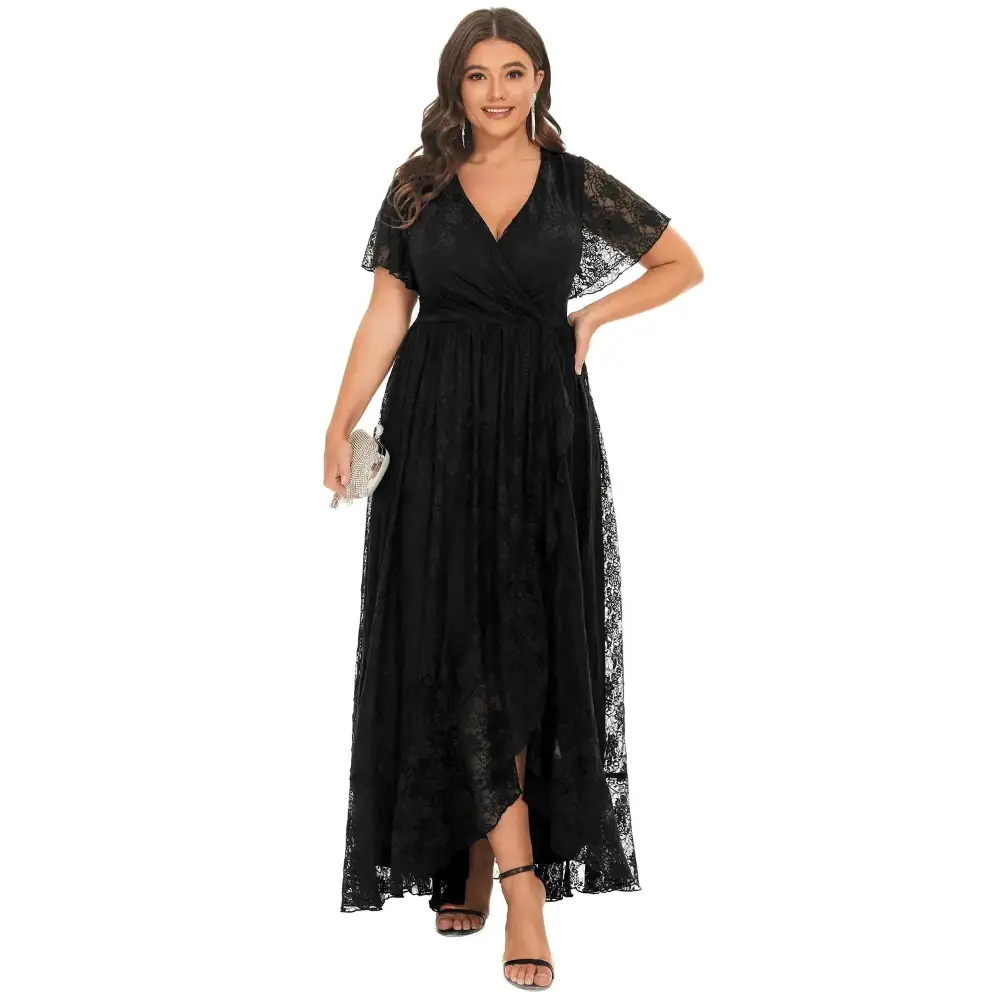 Plus size v neck black lace maxi dress with short flutter sleeves ideal as a wedding guest semi formal dress