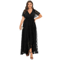 Plus size v neck black lace maxi dress with short flutter sleeves ideal as a wedding guest semi formal dress