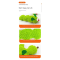 A bright green plush catnip caterpillar toy with fuzzy texture, googly eyes, and a small red nose for cats