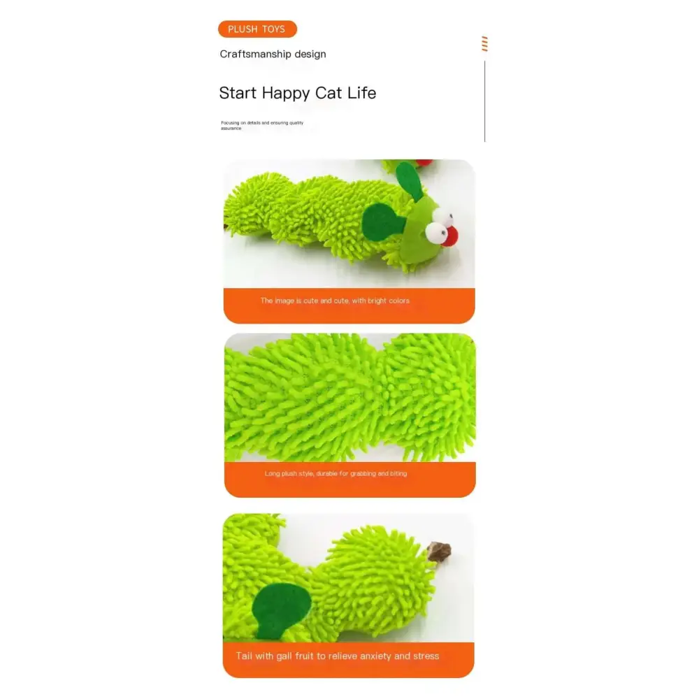 A bright green plush catnip caterpillar toy with fuzzy texture, googly eyes, and a small red nose for cats