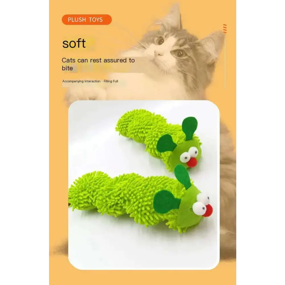 Plush catnip caterpillar toy in green with fuzzy texture, embroidered eyes, and red nose as a friendly caterpillar pet toy