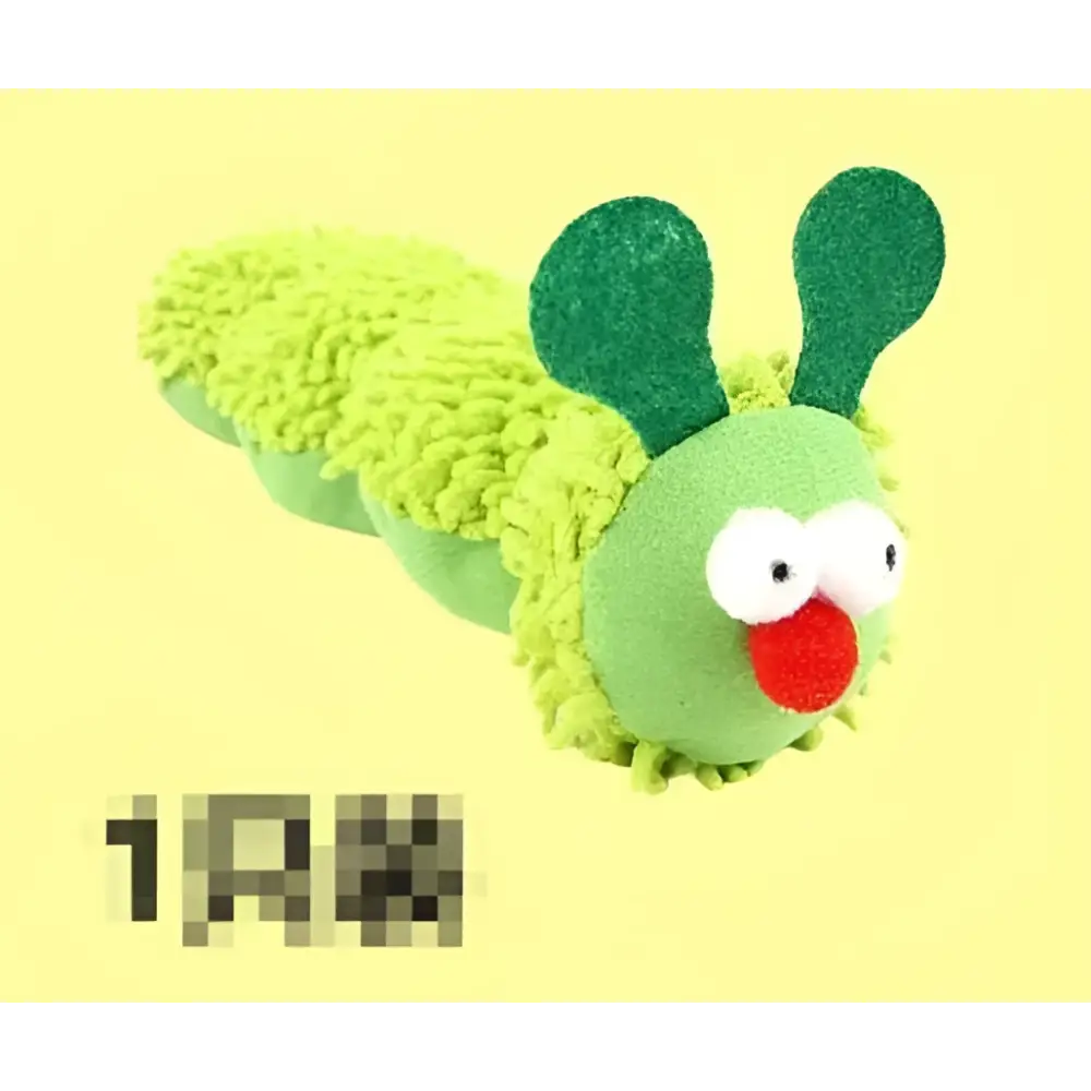 Plush catnip caterpillar toy in green with fuzzy texture, white eyes, and red nose designed as a friendly caterpillar