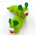 Plush catnip caterpillar toy in green fuzzy fabric with embroidered eyes and red nose for playful cats