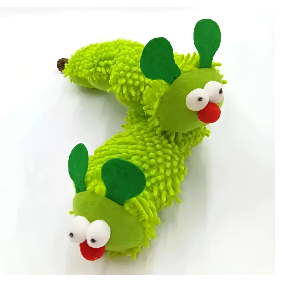 Plush catnip caterpillar toy in green fuzzy fabric with embroidered eyes and red nose for playful cats