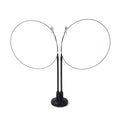 Black circular wire display stand with two adjustable arms and sturdy base for plush flower cat sucker teaser toy