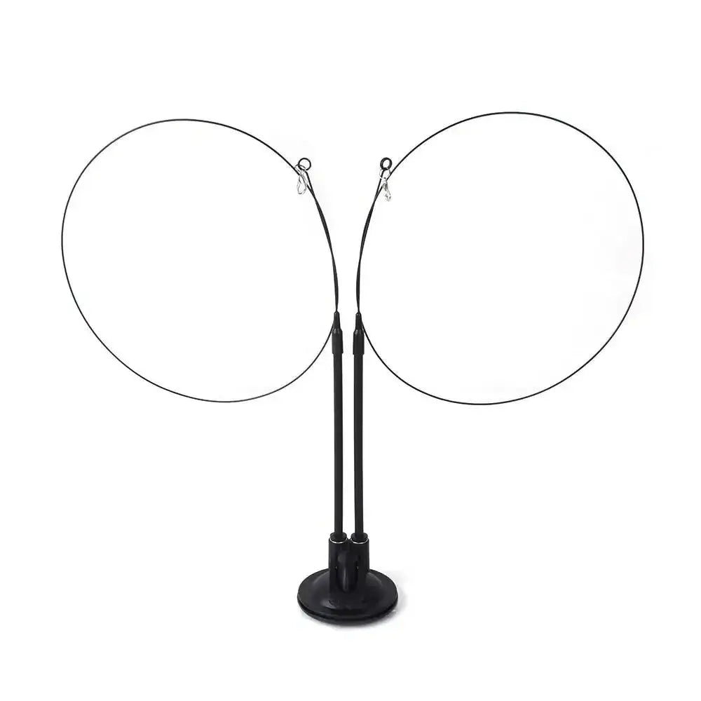 Black circular wire display stand with two adjustable arms and sturdy base for plush flower cat sucker teaser toy