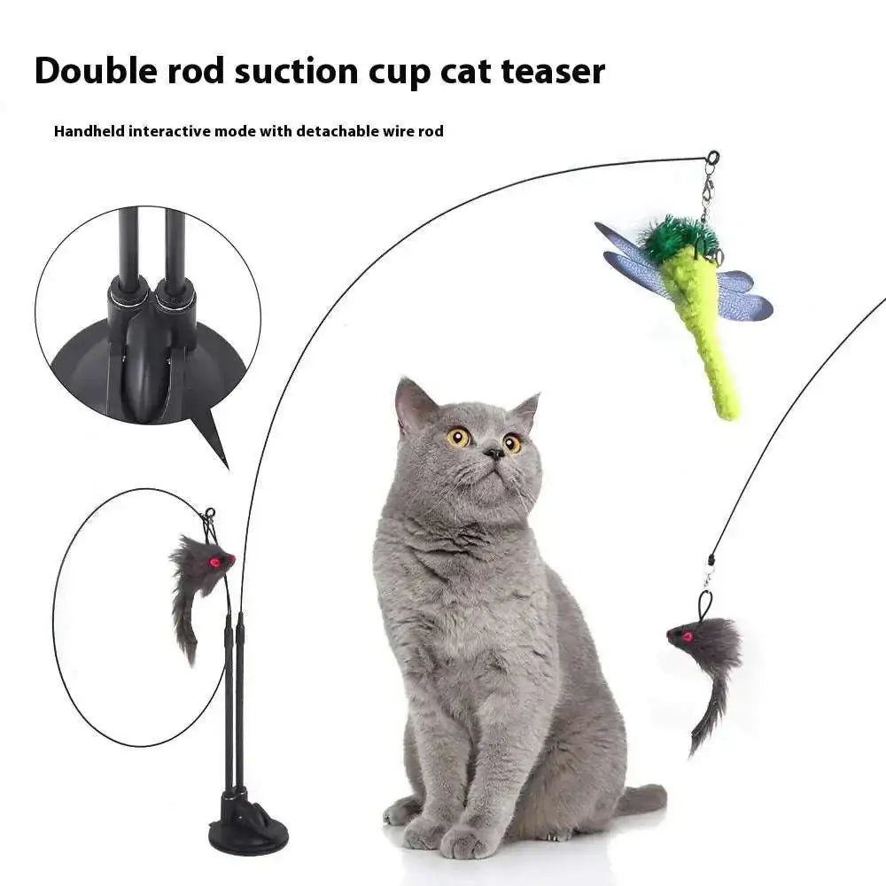 Black double rod cat sucker teaser with detachable wire rods and plush insect and mouse toys for playful cats