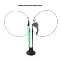 Black plush flower cat sucker toy stand with two rings holding green caterpillar and gray squirrel feather wand