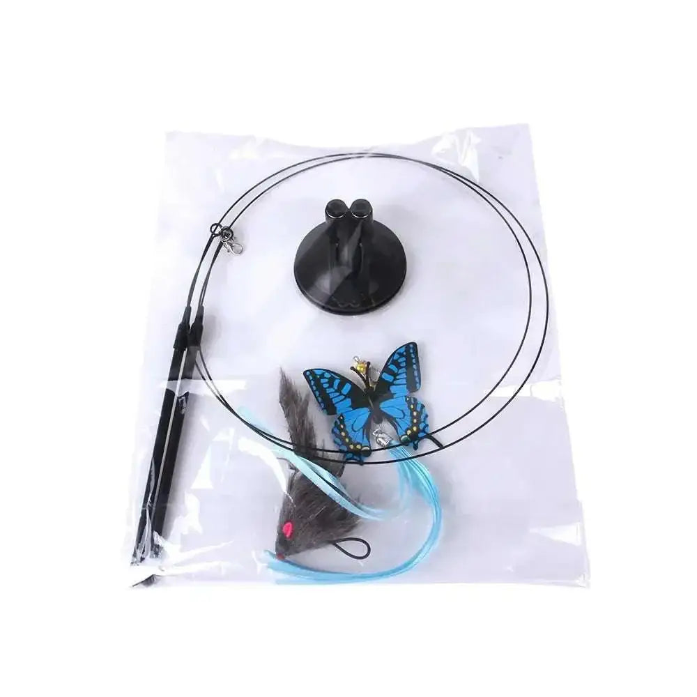 Plush flower cat sucker teaser toy with blue and black butterfly plush and feather tail attached to flexible wire loop