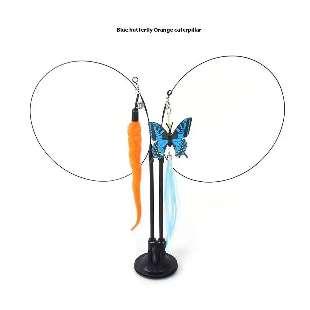 Plush flower cat sucker teaser toy with blue butterfly and orange caterpillar plush and feathered tails on black stand
