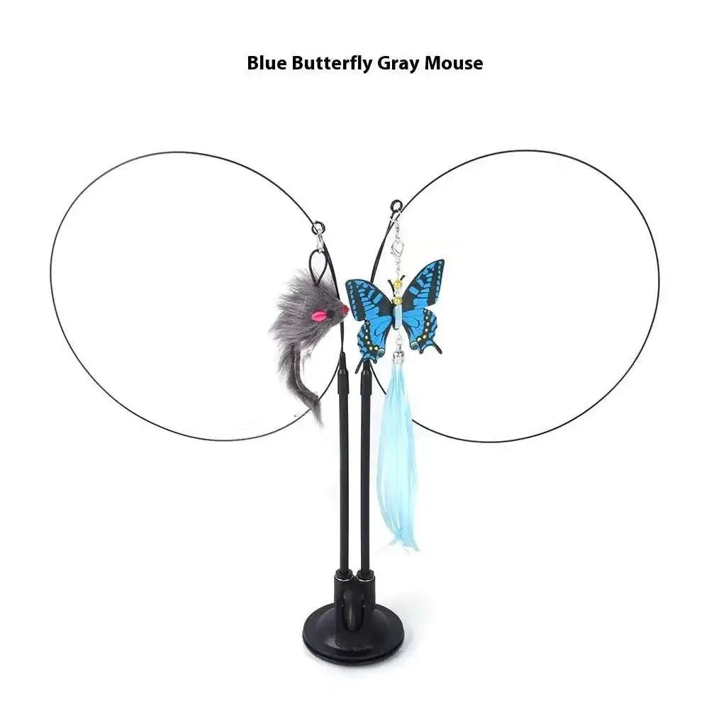 Plush flower cat sucker teaser toy featuring a blue butterfly gray mouse design with feathered wings and tassels