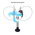 Plush flower cat sucker teaser toy featuring a blue flying fish with mesh body and gray squirrel with feathered tails