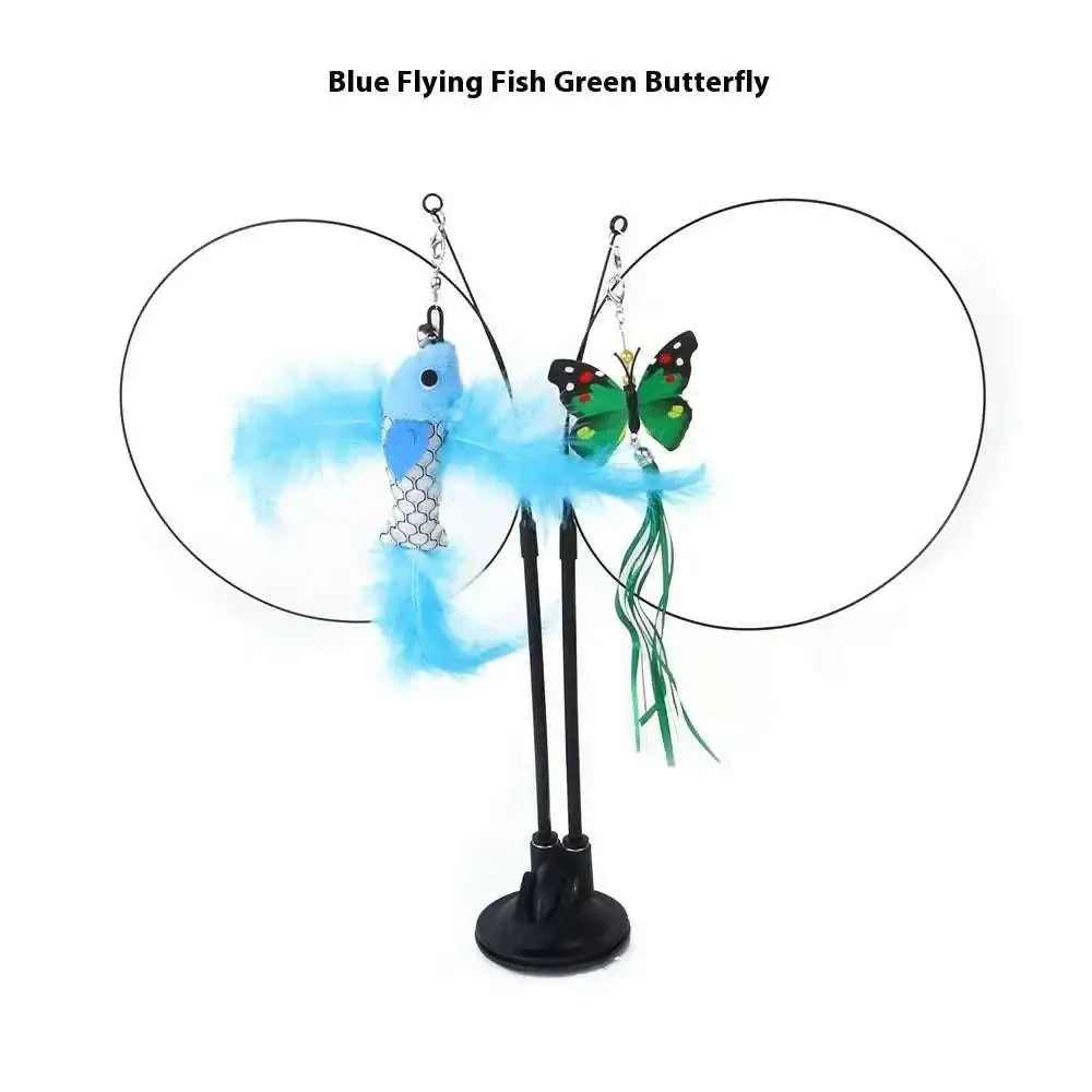 Plush flower cat sucker teaser toy with blue and green feathers shaped like flying fish and butterfly on adjustable stand