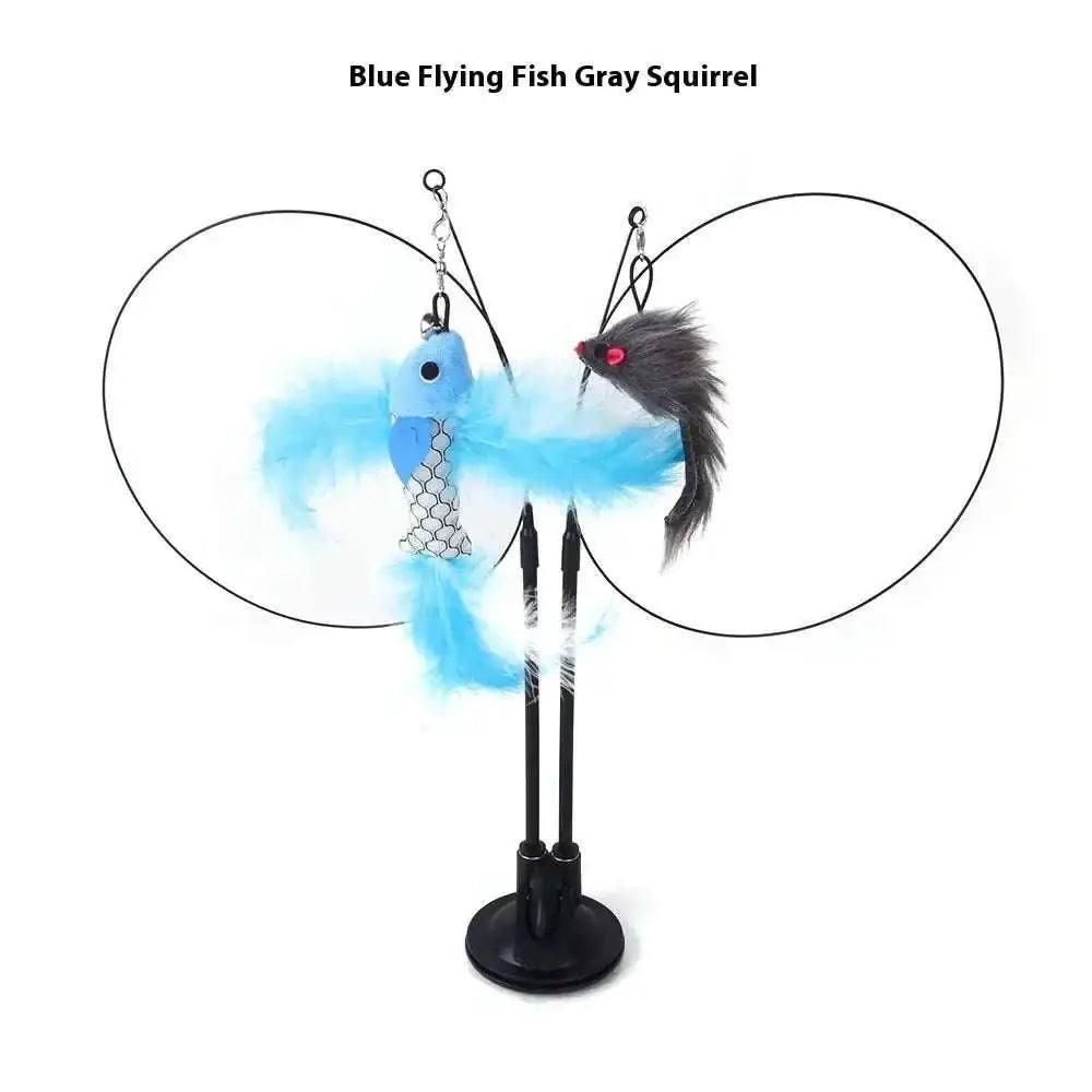 Plush flower cat sucker teaser toy featuring a blue flying fish with mesh body and gray squirrel cat toy with feathered tails