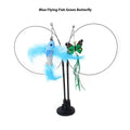Plush flower cat sucker teaser toy with blue and green feathers featuring flying fish and butterfly design on adjustable stand
