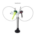 Black stand holding plush flower cat sucker teaser toys with neon green dragonfly and gray squirrel dangling charms