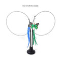 Plush flower cat sucker teaser toy with green butterfly and blue caterpillar feathered wings on black stand