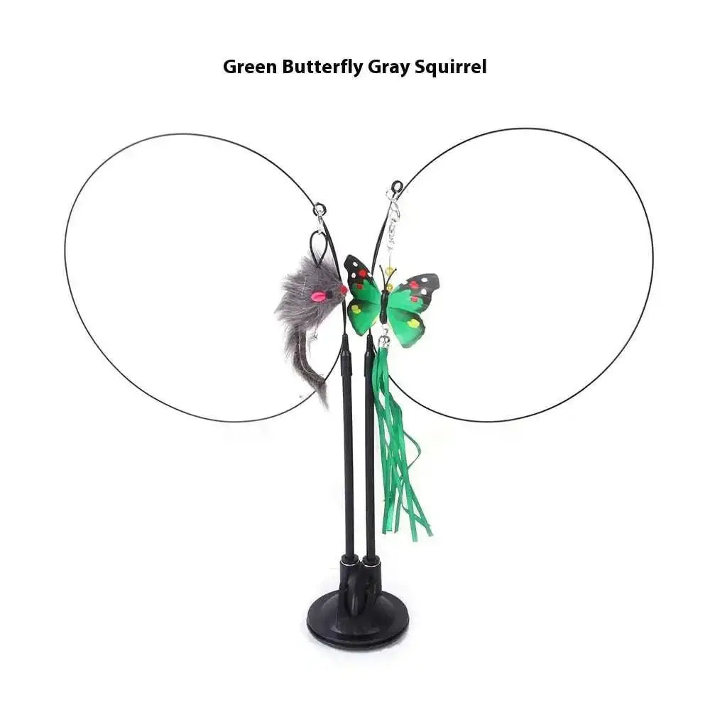 Plush flower cat sucker teaser toy set with green butterfly and gray squirrel cat sucker teaser on black stand
