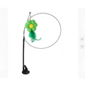 Green and yellow plush flower cat sucker teaser toy with feathers hanging from black adjustable stand for cats
