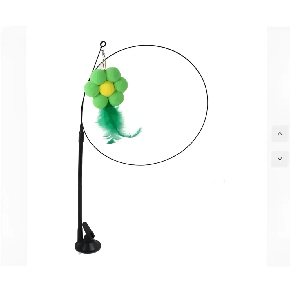Green and yellow plush flower cat sucker teaser toy with feathers hanging from a black adjustable stand