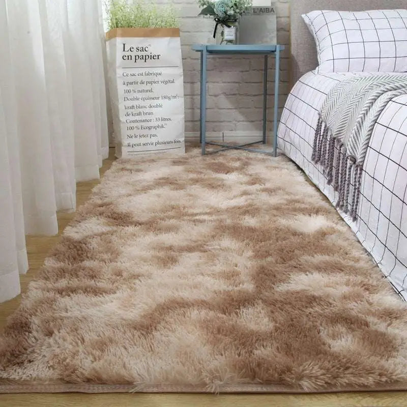A plush gray shaggy carpet floor mat with a soft, fluffy beige and tan gradient shaggy texture