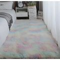 Pastel rainbow-colored plush gray shaggy carpet floor mat with soft plush texture and gentle gradient hues