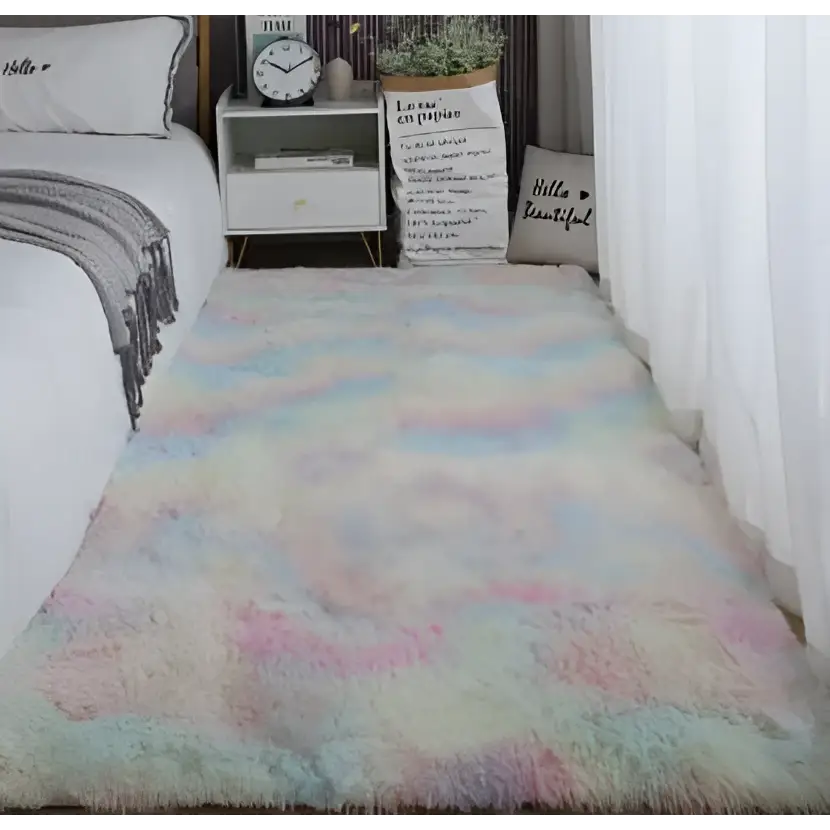 Pastel rainbow-colored plush gray shaggy carpet floor mat with soft plush texture and gentle gradient hues